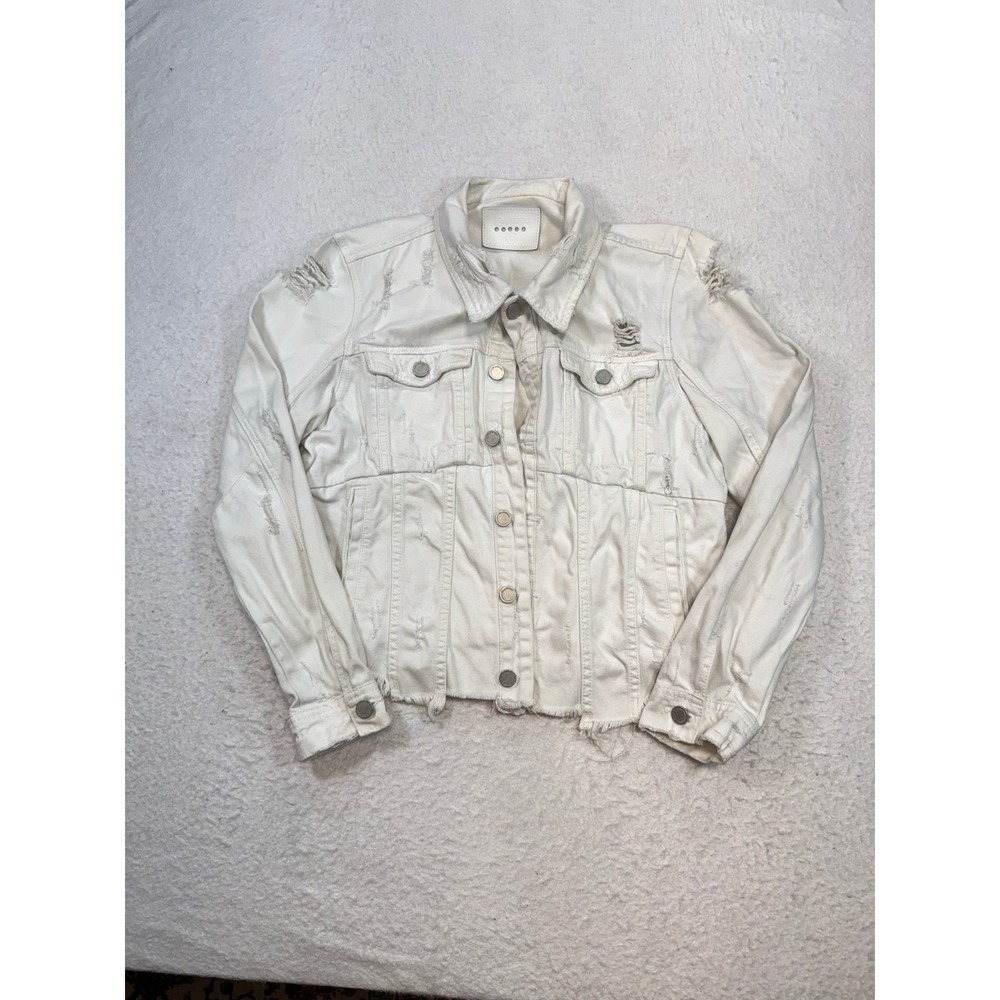 Blank NYC White Distressed Denim Trucker Jacket Large Frayed Hem Ripped Edgy